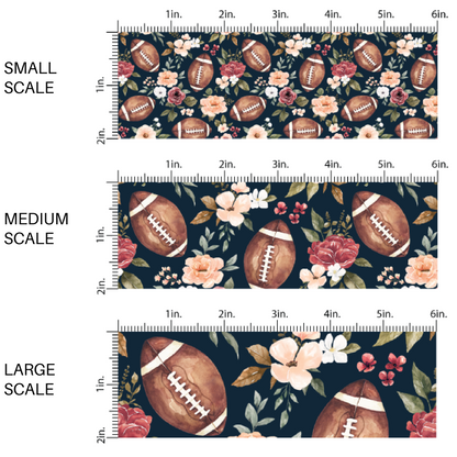 Navy blue fabric by the yard scaled image guide with florals and footballs.