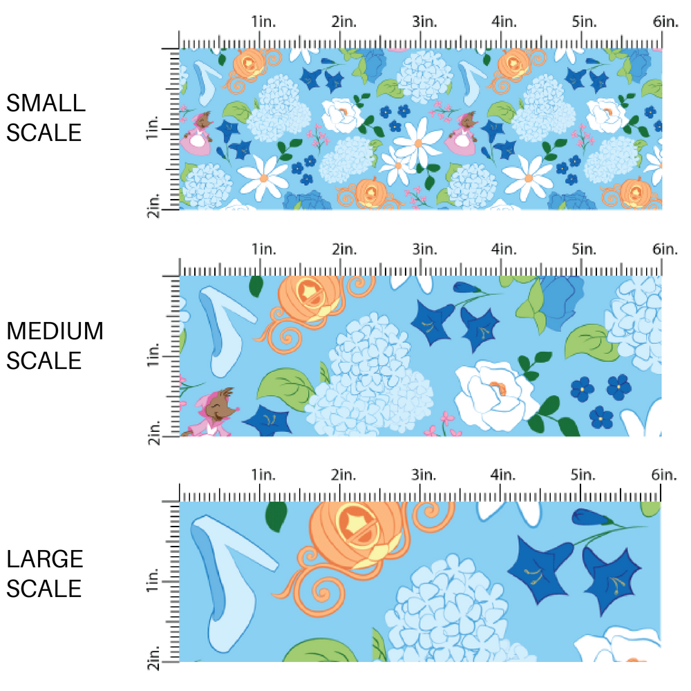 Blue fabric by the yard scaled image guide with mice, glass slippers, floral designs, and pumpkin carriages.