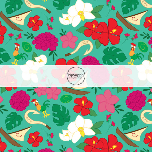 Teal green princess fabric by the yard with chickens, florals, and sailboats.