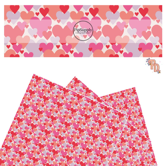 These Valentine's pattern themed faux leather sheets contain the following design elements: pink, purple, peach, and red hearts on white. Our CPSIA compliant faux leather sheets or rolls can be used for all types of crafting projects.
