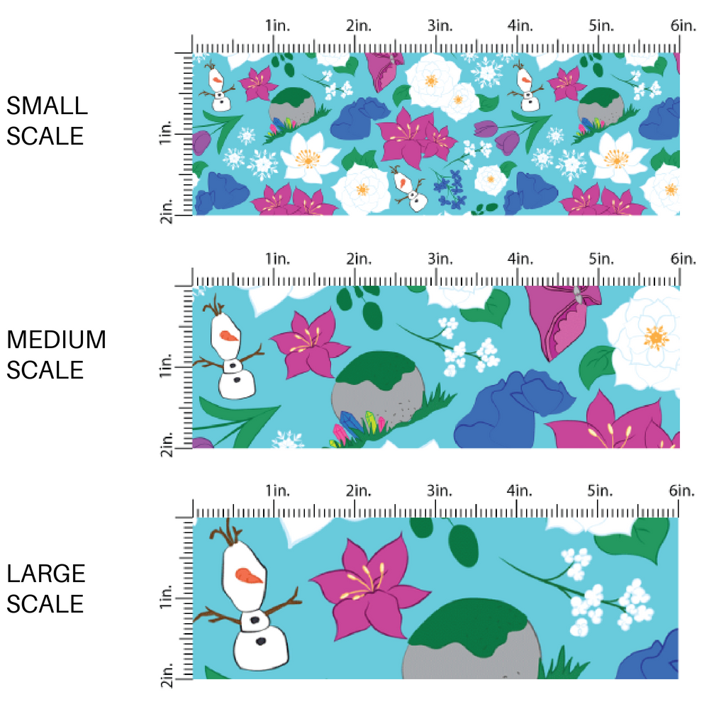 Blue princess fabric by the yard scaled image guide with snowflakes, snowmen, and floral designs.