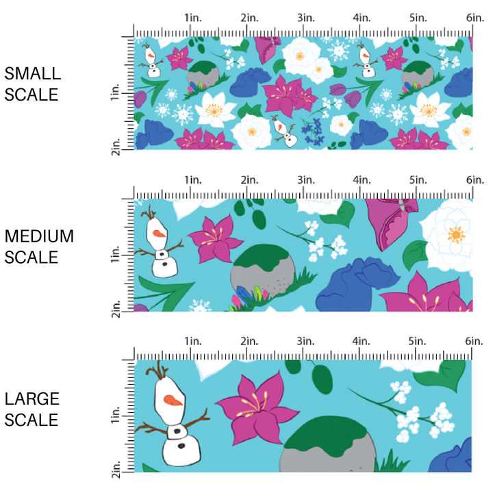 Blue princess fabric by the yard scaled image guide with snowflakes, snowmen, and floral designs.