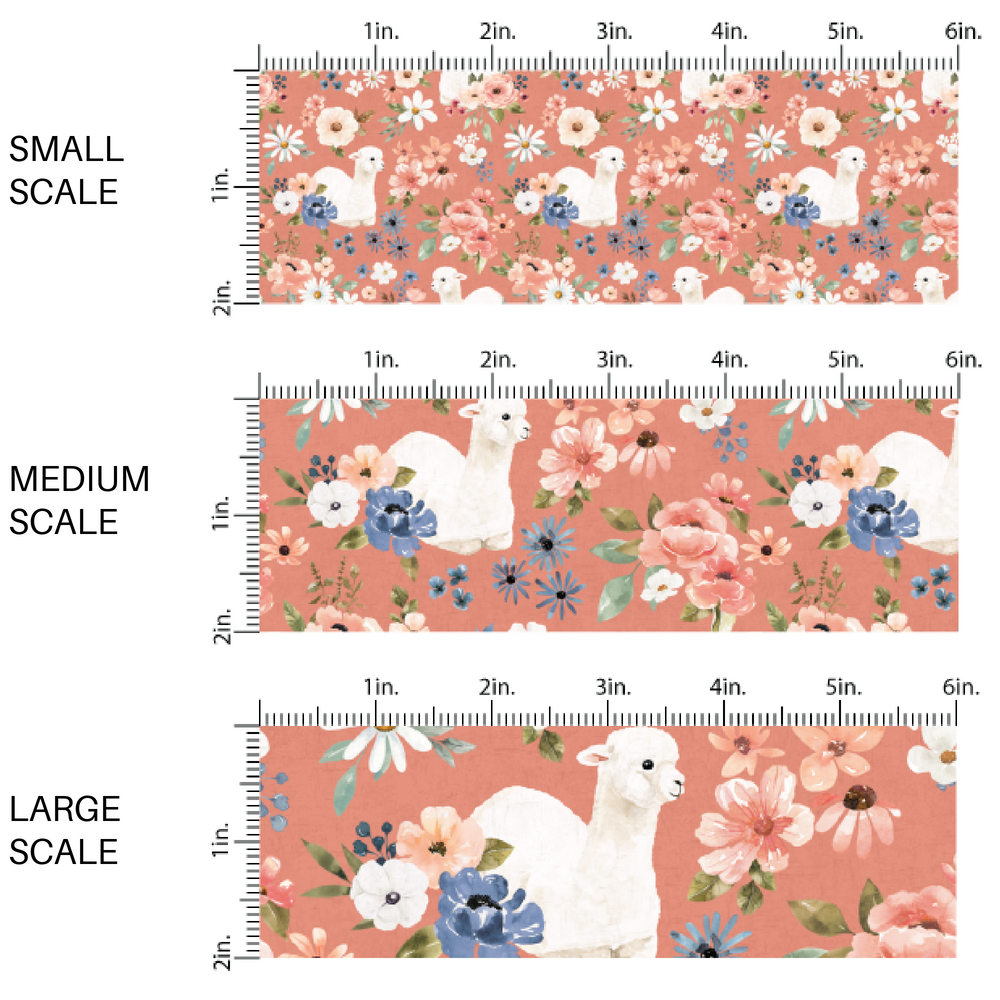 This scale chart of small scale, medium scale, and large scale of these llamas and flower pattern themed fabric by the yard features white llamas surrounded by pink and blue flower bunches on salmon. This fun floral fabric can be used for all your sewing and crafting needs!