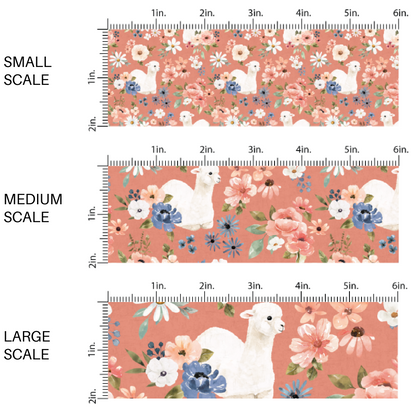 This scale chart of small scale, medium scale, and large scale of these llamas and flower pattern themed fabric by the yard features white llamas surrounded by pink and blue flower bunches on salmon. This fun floral fabric can be used for all your sewing and crafting needs!