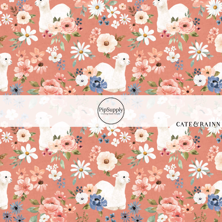 These llamas and flower pattern themed fabric by the yard features white llamas surrounded by pink and blue flower bunches on salmon. This fun floral fabric can be used for all your sewing and crafting needs!