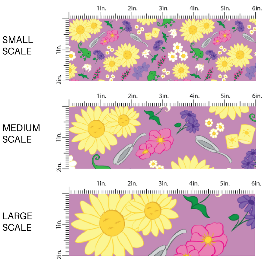 Light purple princess themed fabric by the yard scaled image guide with lanterns, chameleons, frying pans, and floral designs.