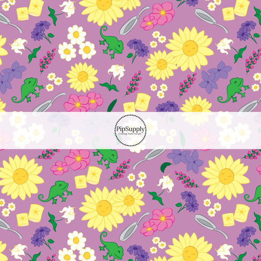 Light purple princess themed fabric by the yard with lanterns, chameleons, frying pans, and floral designs.