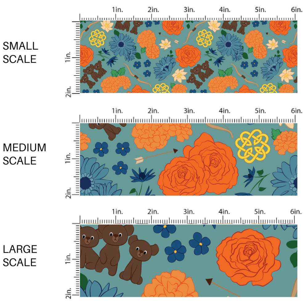 This scale chart of small scale, medium scale, and large scale of this magical adventure fabric by the yard features the following design: colorful flowers, bows, arrows, and bears on blue. This fun themed fabric can be used for all your sewing and crafting needs!