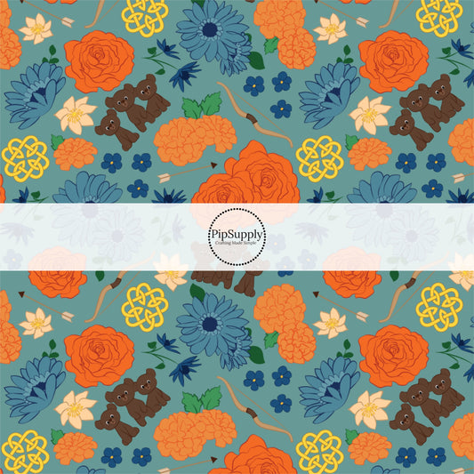This magical adventure fabric by the yard features the following design: colorful flowers, bows, arrows, and bears on blue. This fun themed fabric can be used for all your sewing and crafting needs!
