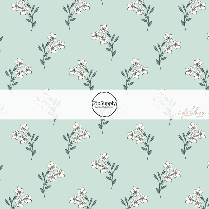 White Florals on Pastel Aqua Fabric by the Yard