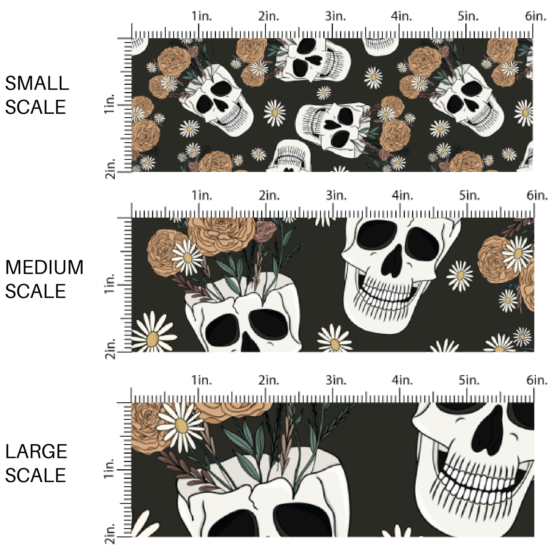 Black fabric by the yard scaled image guide with white skull flower pot skulls.