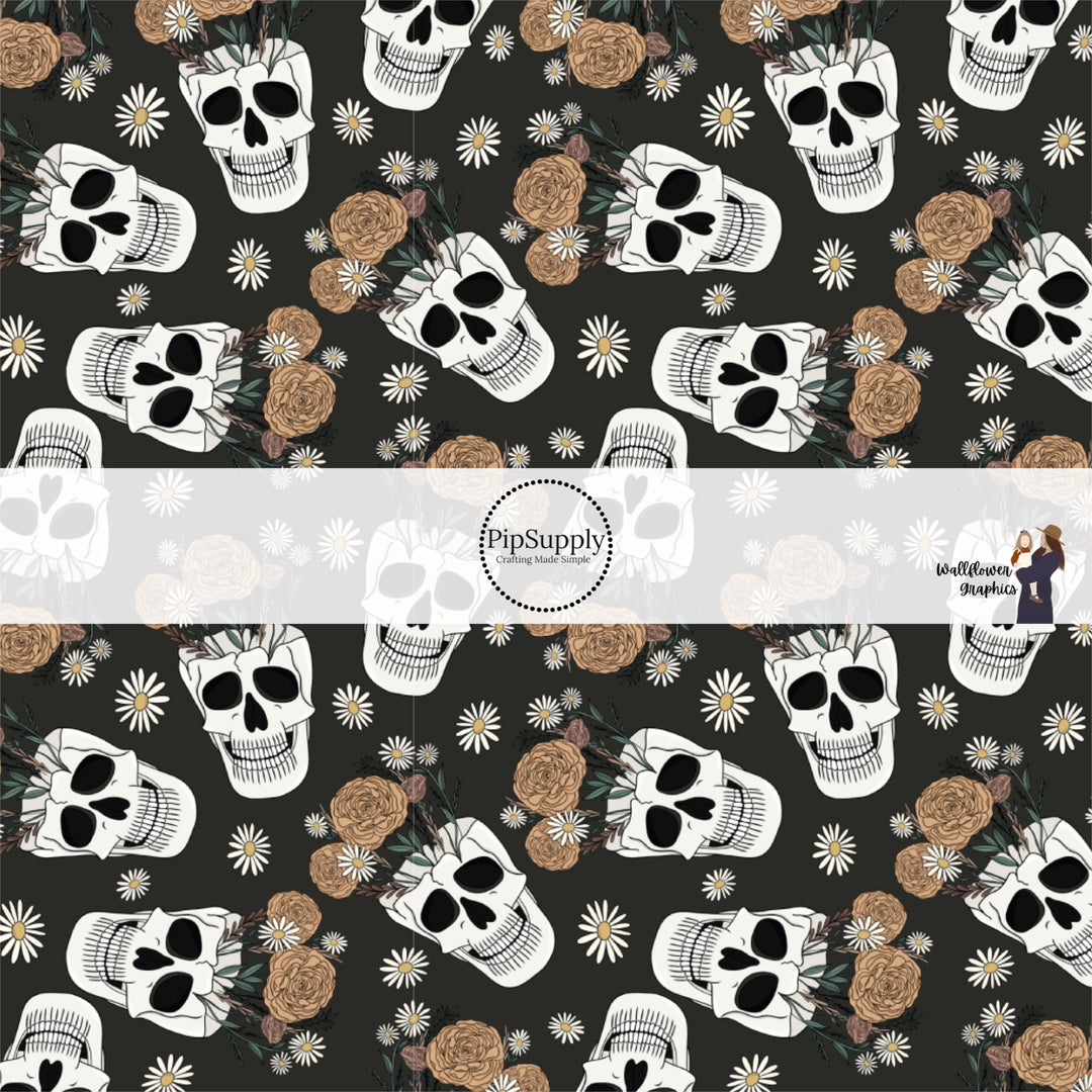 Black fabric by the yard with white skull flower pot skulls.