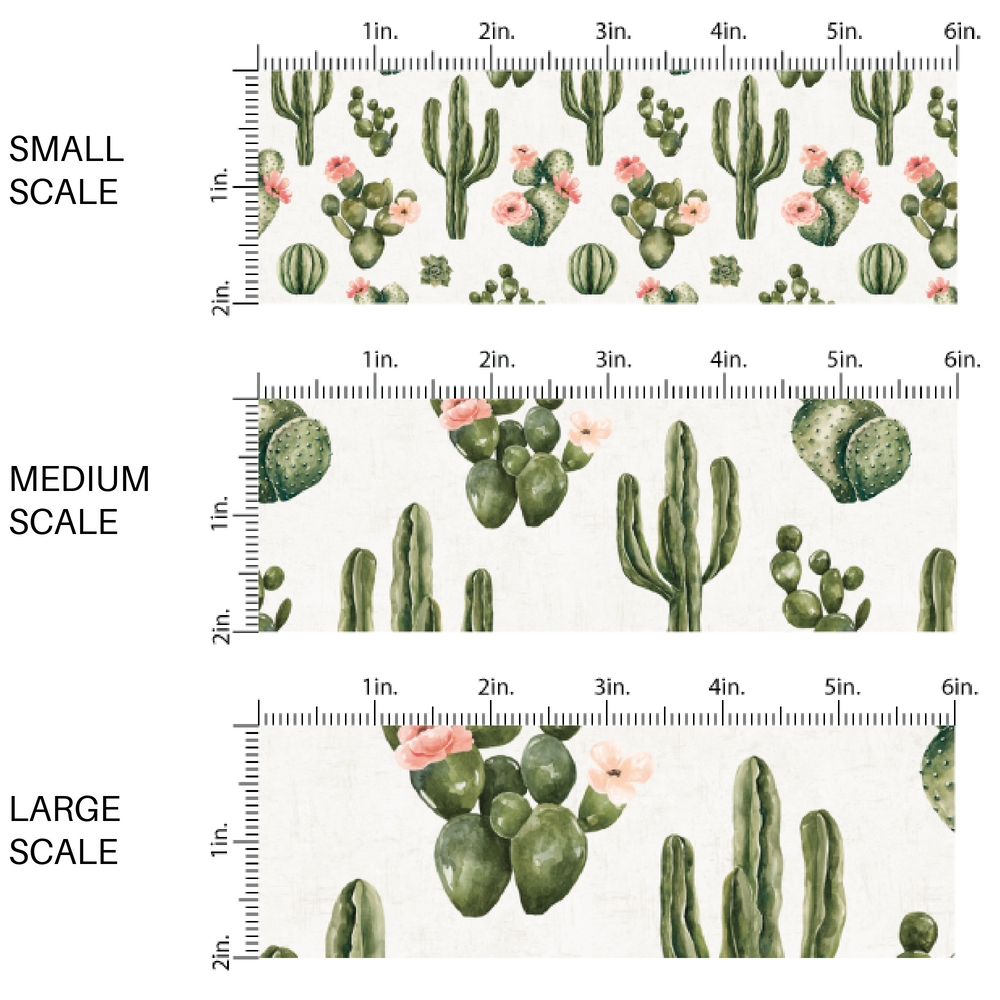 This scale chart of small scale, medium scale, and large scale of these cacti and flower pattern themed fabric by the yard features pink flowers on cacti on cream. This fun floral fabric can be used for all your sewing and crafting needs!