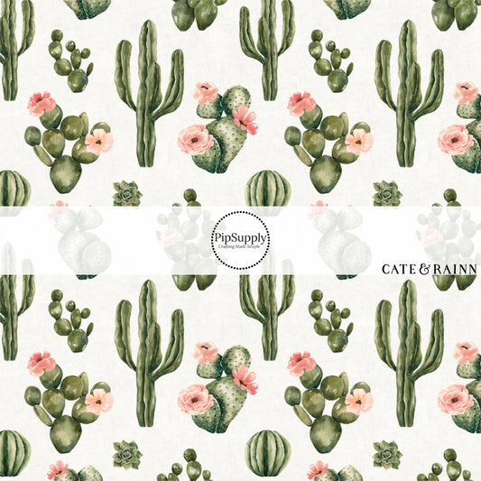These cacti and flower pattern themed fabric by the yard features pink flowers on cacti on cream. This fun floral fabric can be used for all your sewing and crafting needs!