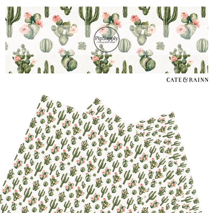 These cacti and flower pattern themed faux leather sheets contain the following design elements: pink flowers on cacti on cream. Our CPSIA compliant faux leather sheets or rolls can be used for all types of crafting projects.