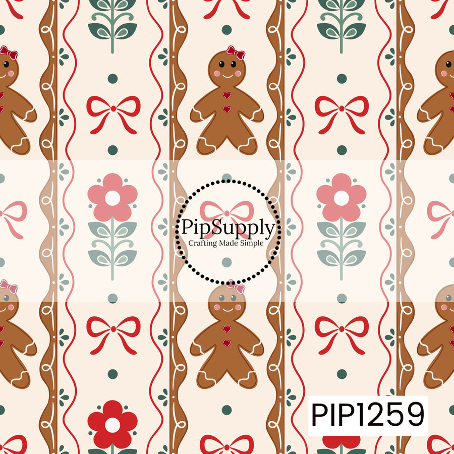 A whimsical folk art Christmas pattern featuring sweet gingerbread girls with red bows, simple floral motifs, dainty bows, dots, and wavy decorative stripes. Warm gingerbread brown, festive red, muted green, and soft cream give it a playful vintage holiday feel.
