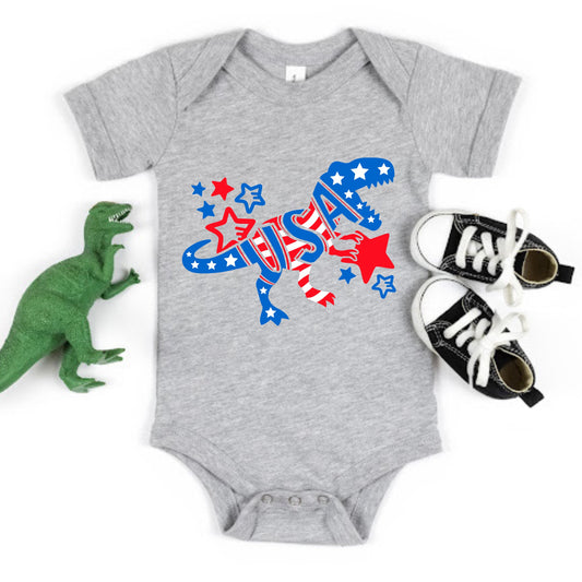 Red, white, and blue patriotic dinosaur and stars iron on heat transfer.