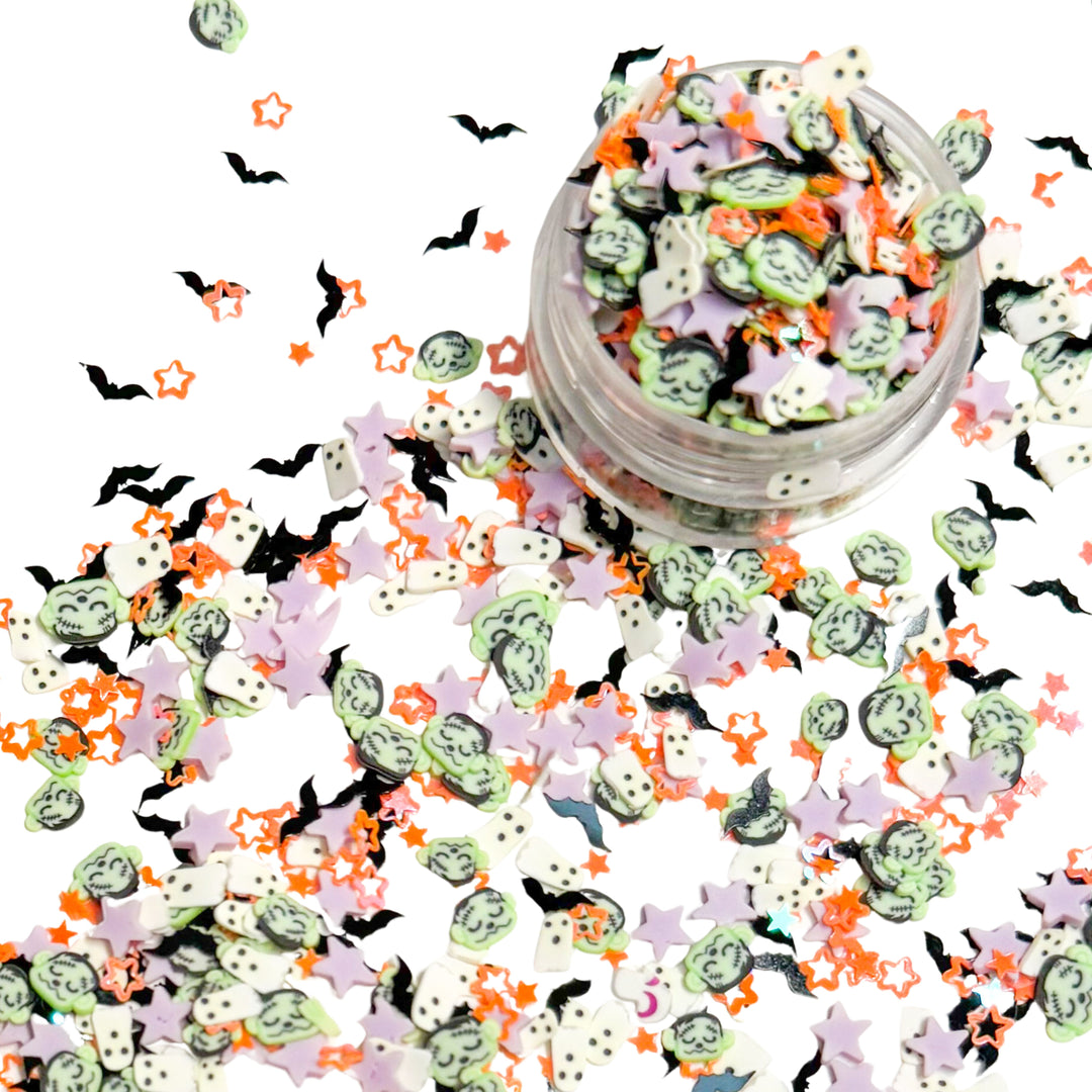 Halloween-themed decorative confetti with ghosts, bats, and stars. You can use it to add sparkle and decoration to resin projects, filling for shaker bows, slime making, party decor, scrapbooking, card making and nail art.

One bag is 1 OZ
Bags are resealable 