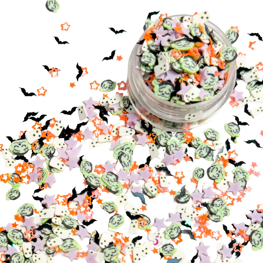 Halloween-themed decorative confetti with ghosts, bats, and stars. You can use it to add sparkle and decoration to resin projects, filling for shaker bows, slime making, party decor, scrapbooking, card making and nail art.

One bag is 1 OZ
Bags are resealable 