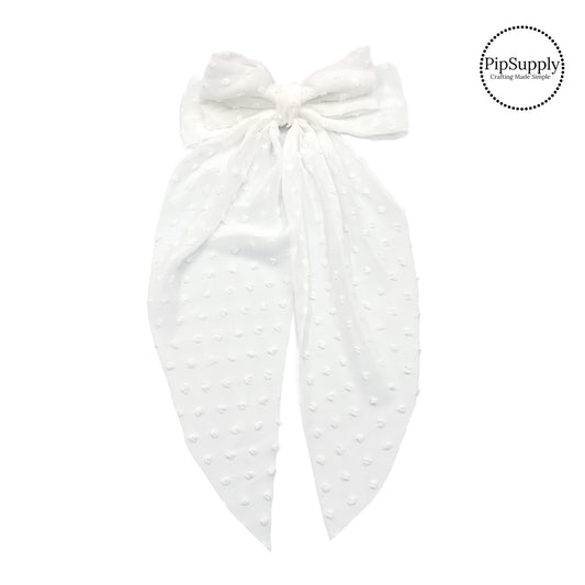Theses summer frayed dot tapered XL hair bows are ready to package and resell to your customers no sewing or measuring necessary! These come pre-tied with an attached barrette clip. The delicate bow is perfect for all hair styles for kids and adults.