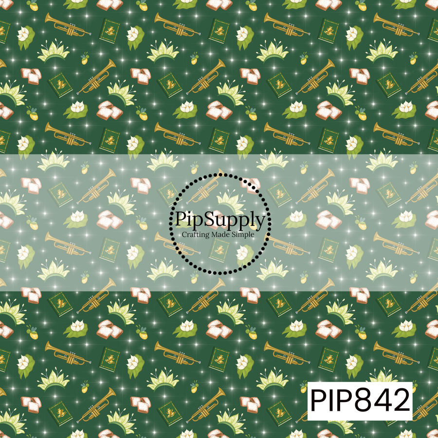 Deep emerald green background featuring a scattered pattern of southern-inspired icons, including trumpets, magnolia flowers, water lilies, sparkling tiaras, beignets, and storybook-style accents. Delicate white sparkles are scattered throughout, adding a magical glow to the design. The rich green, gold, cream, and soft yellow color palette creates an elegant and whimsical aesthetic with a charming bayou-inspired feel.
