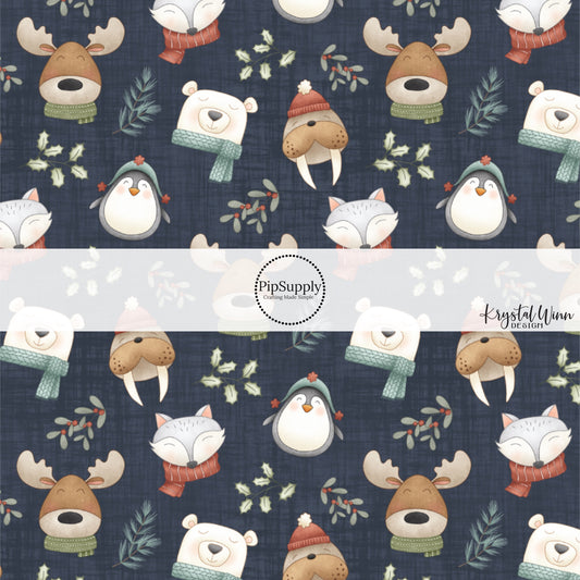 These holiday pattern themed fabric by the yard features woodland animals with scarves and hats on dark blue. This fun Christmas fabric can be used for all your sewing and crafting needs!