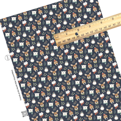 These holiday themed faux leather sheets contain the following design elements: woodland animals with scarves and hats on dark blue. Our CPSIA compliant faux leather sheets or rolls can be used for all types of crafting projects.
