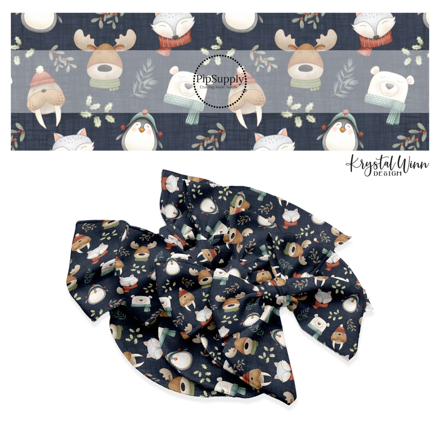 These holiday pattern themed no sew bow strips can be easily tied and attached to a clip for a finished hair bow. These Christmas bow strips are great for personal use or to sell. The bow strips features woodland animals with scarves and hats on dark blue. 