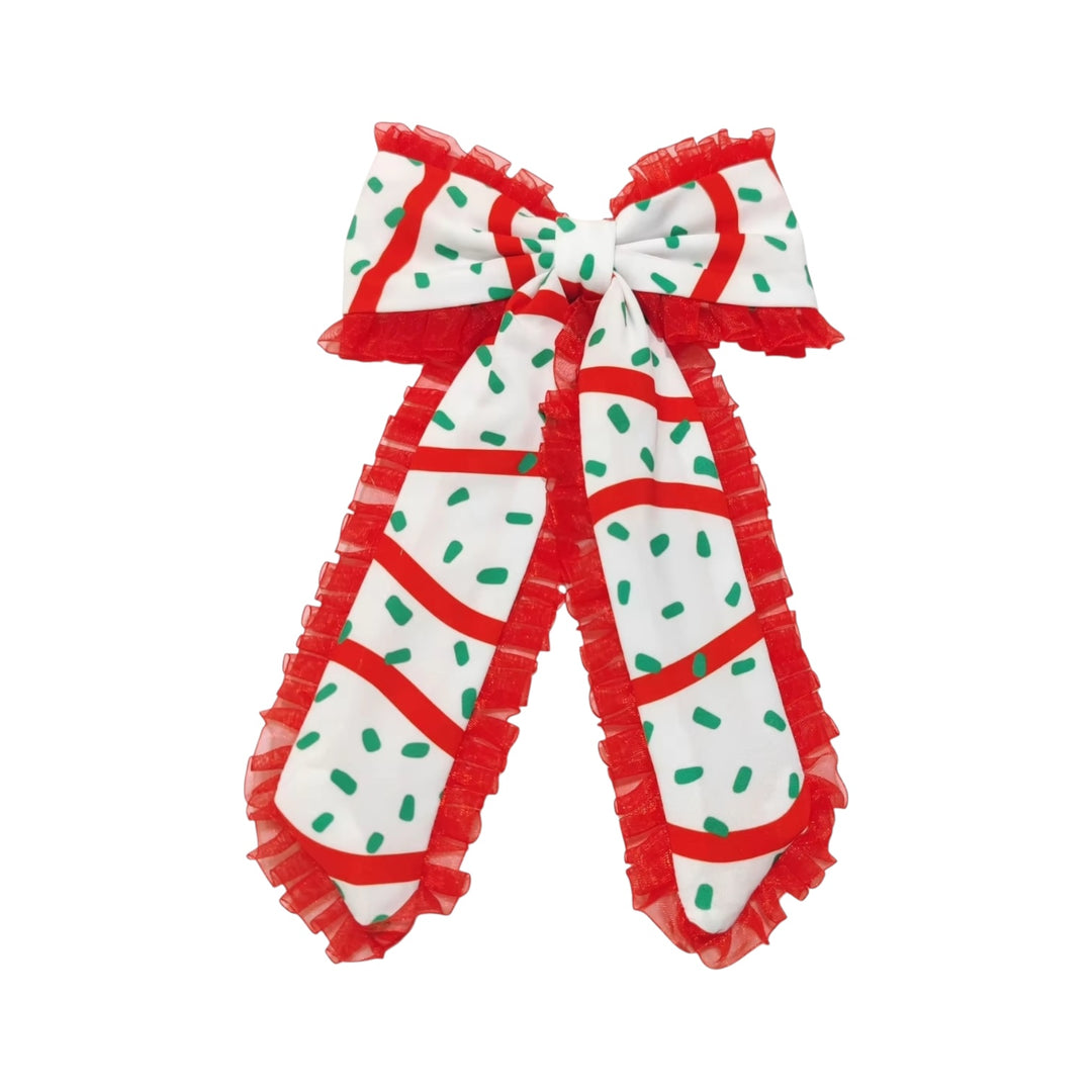 Frosted Tree Cake Ruffled Long Tail Hair Tied Bow w/ Clip