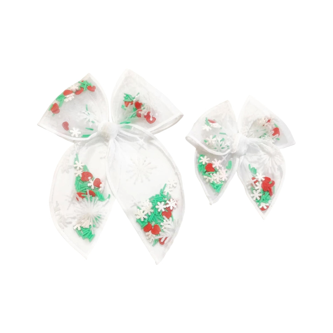 Frozen Heart WHITE Tulle Shaker Hair Tied Bow w/ Clip