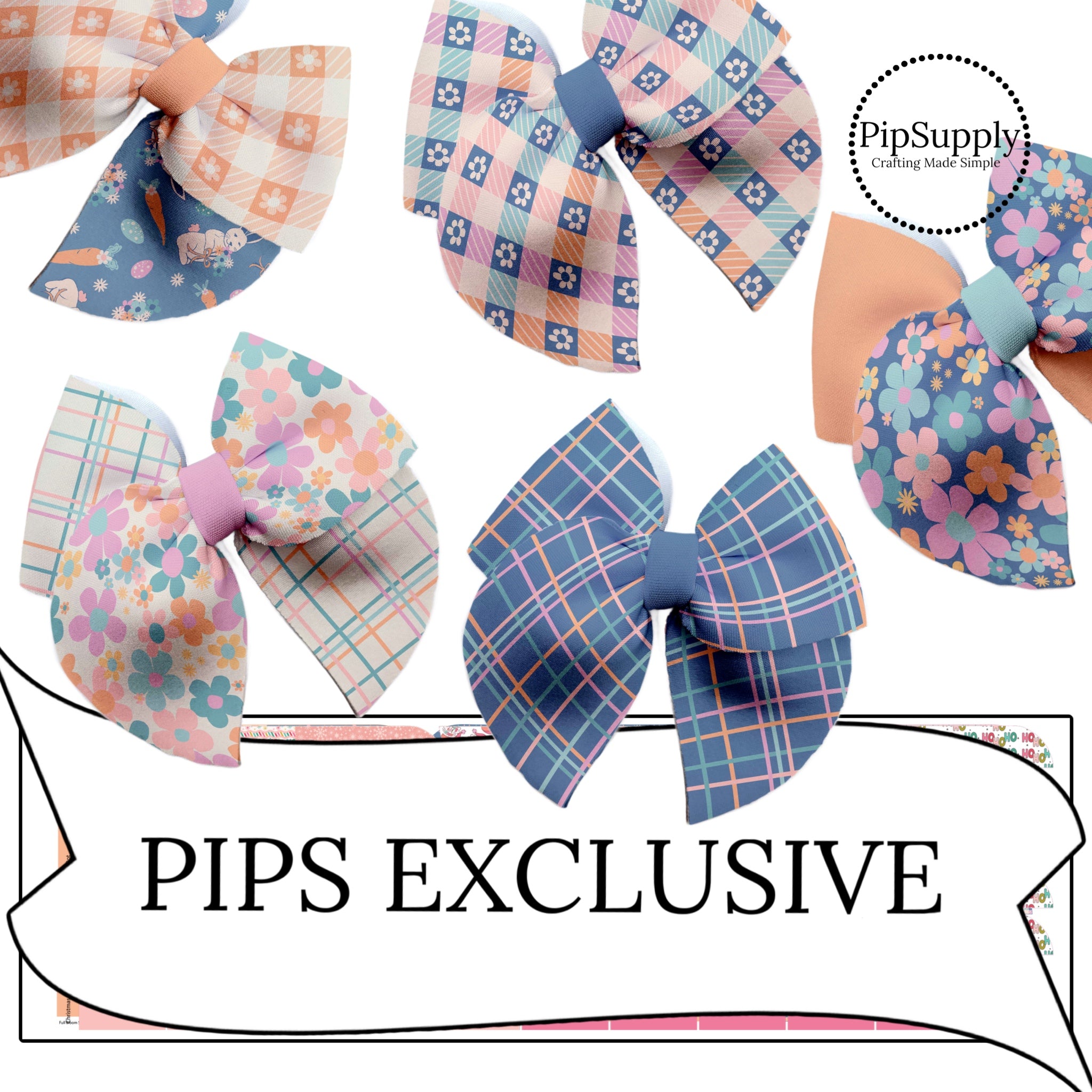Smoky Blue and Peachy Plaids and Flowers Neoprene Hand Cut Bow Strips ...