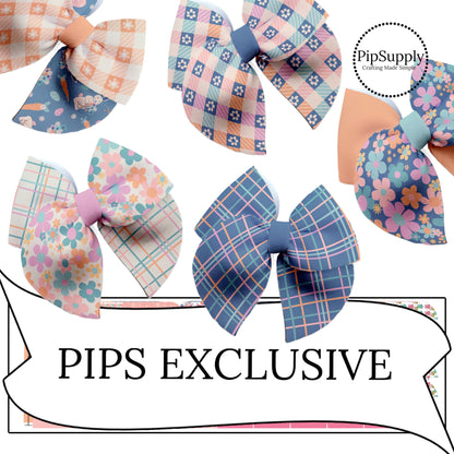 blue pink and peach plaid flowers and bunnies spring diy neoprene hair bows