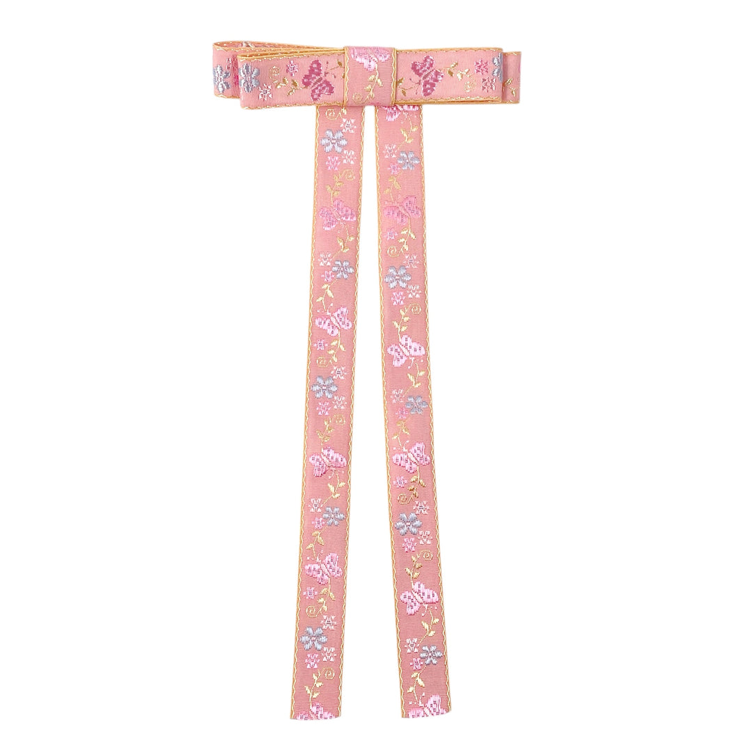 Pink Spring Tiny Floral Embroidered Long Tail Hair Tied Bow w/ Clip