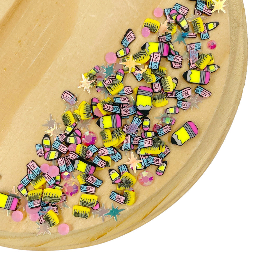 Back to school polymer pieces. Pencil, rulers, erasers and sequins