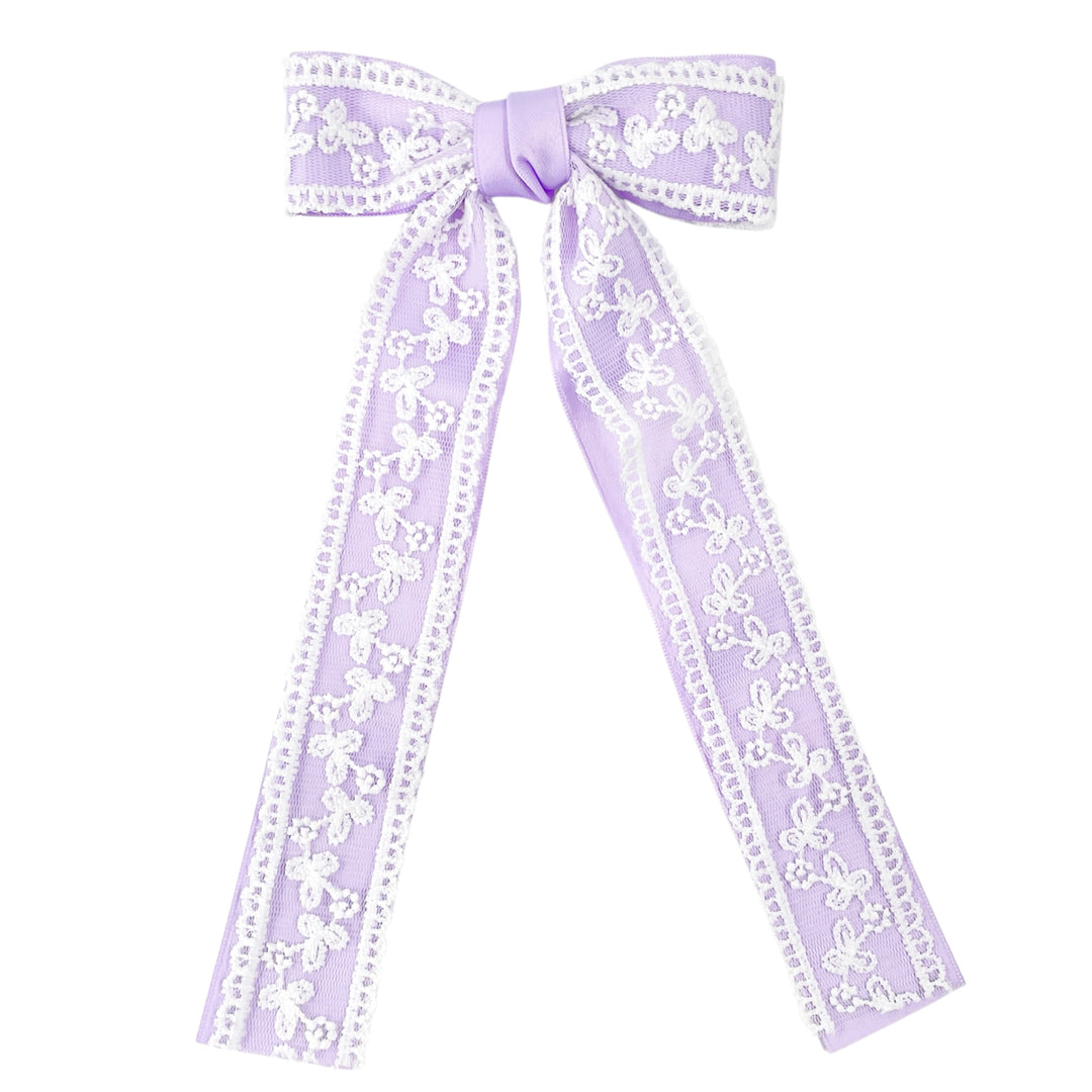 Lavender Lace Long Tail Hair Tied Bow w/ Clip