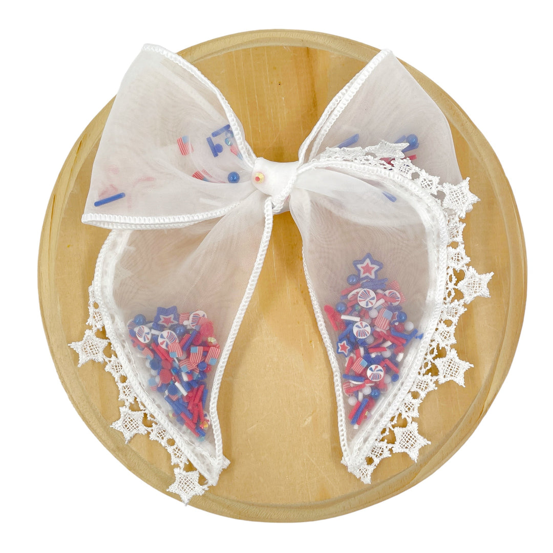 White Star Trimmed Organza Fillable Shaker Bow Strip