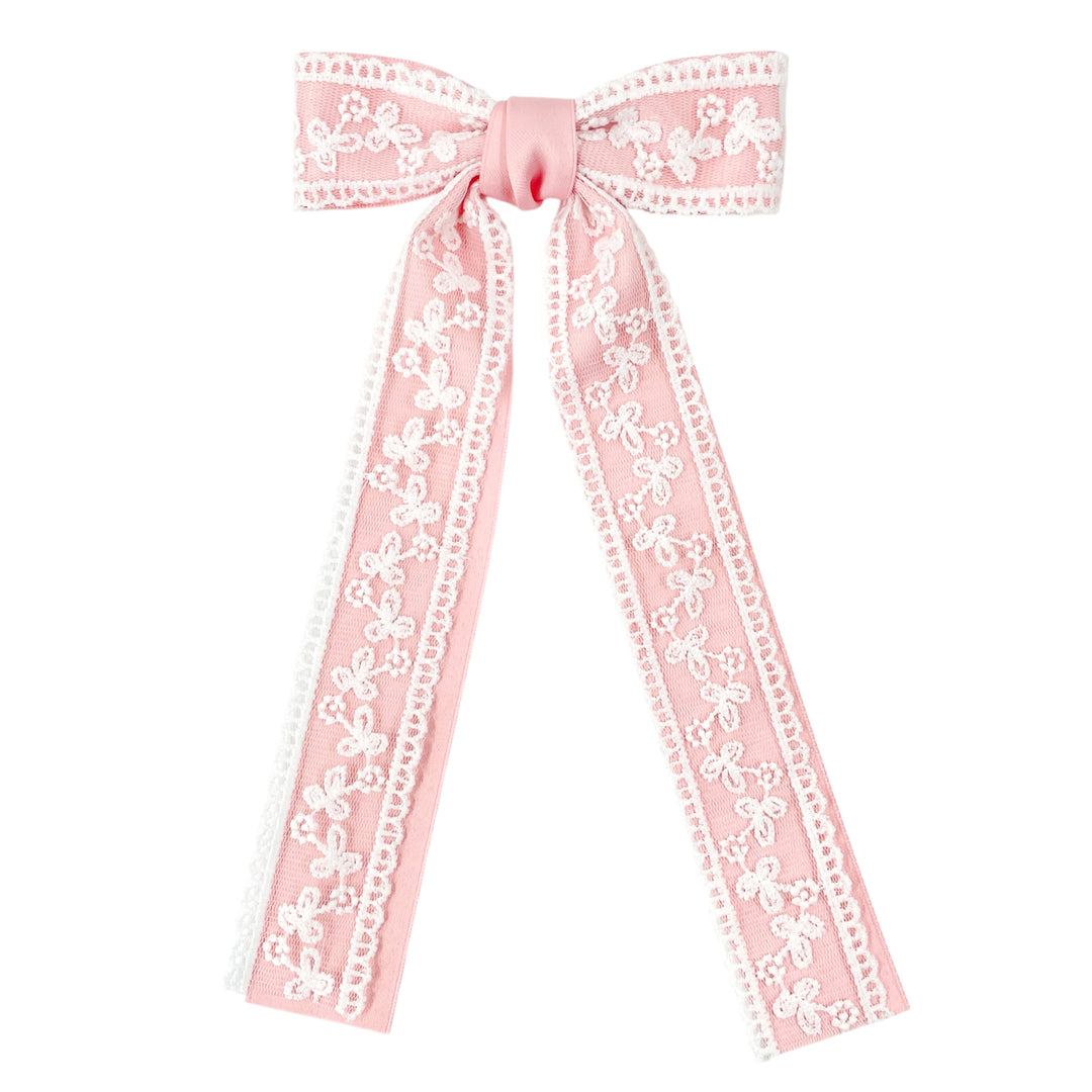 Light Pink Lace Long Tail Hair Tied Bow w/ Clip