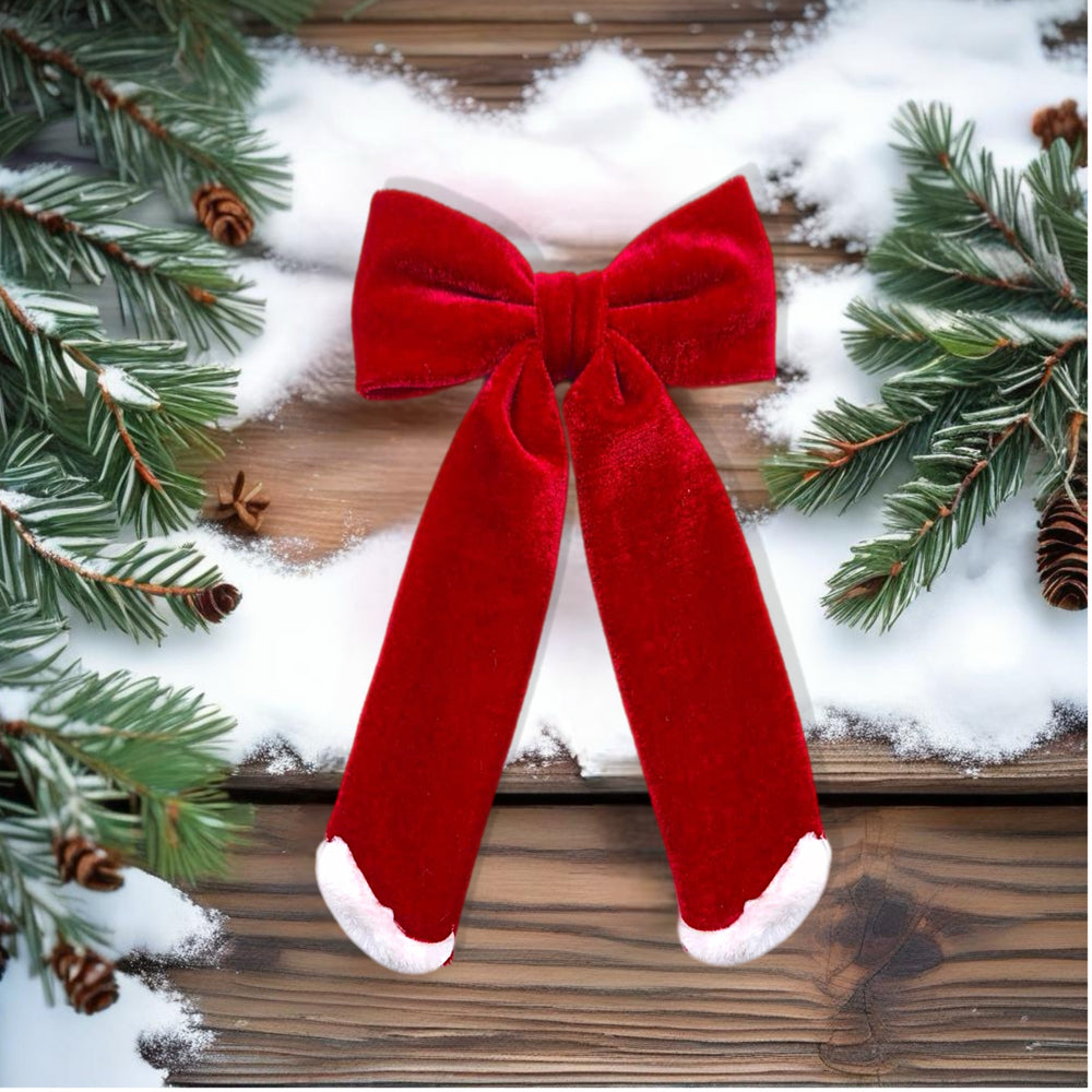 Theses red holiday fur trimmed velvet long tail hair bows are ready to package and resell to your customers no sewing or measuring necessary! These come pre-tied with an attached alligator clip. The Christmas bow is perfect for all hair styles for kids and adults.