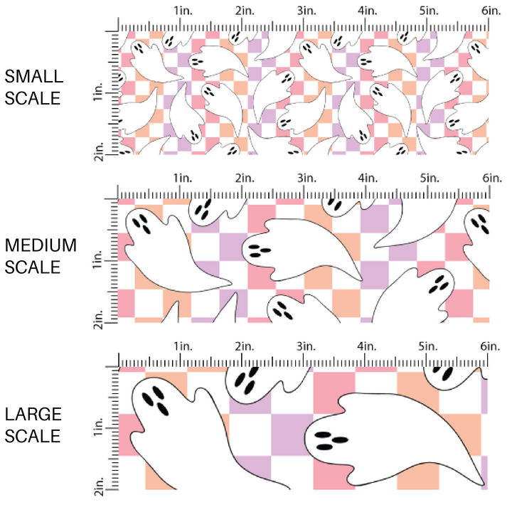 Pink, orange, and purple checkered fabric by the yard scaled image guide with white ghosts.