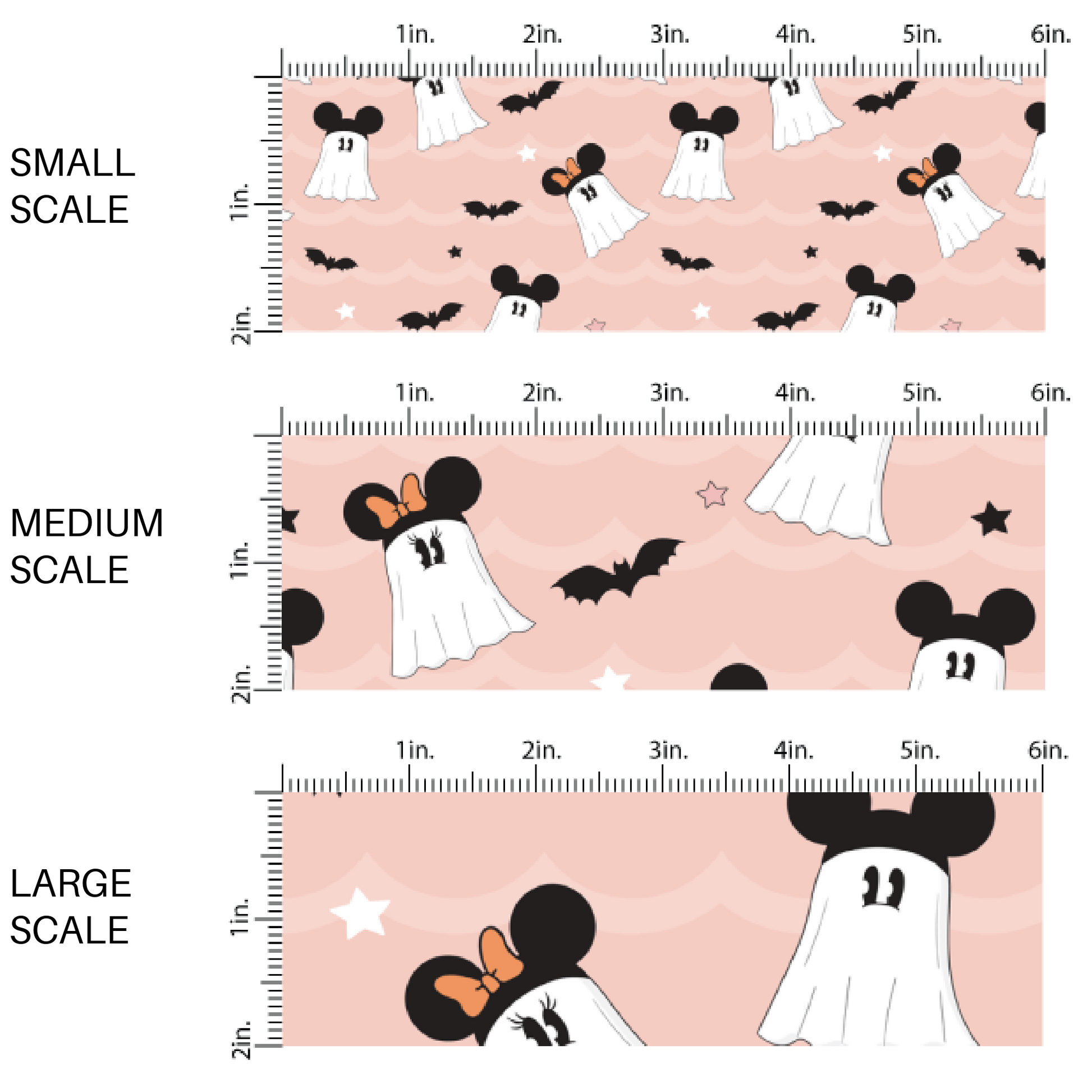 Light pink fabric by the yard scaled image guide with flying bats, stars, and mouse eared ghosts.