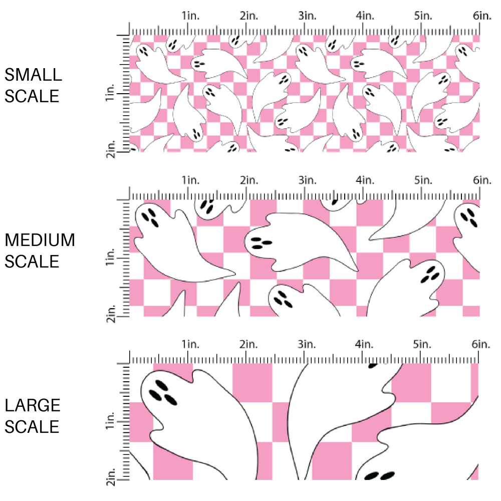 Pink and white checkered fabric by the yard scaled image guidewith white ghosts.