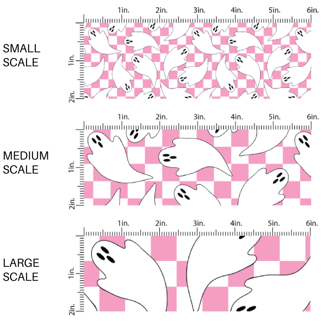 Pink and white checkered fabric by the yard scaled image guidewith white ghosts.