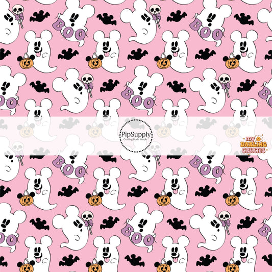 Bubblegum pink fabric by the yard with mouse ear ghosts and mouse ear bats.
