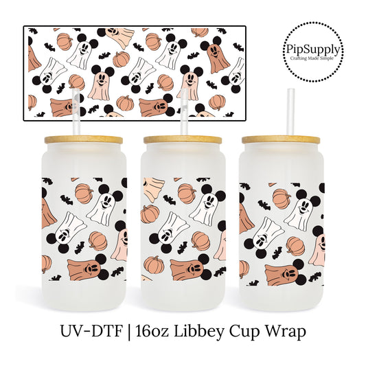 Mouse ear ghosts, bats, and pumpkin UV DTF 16 oz. Libbey Cup adhesive wrap.