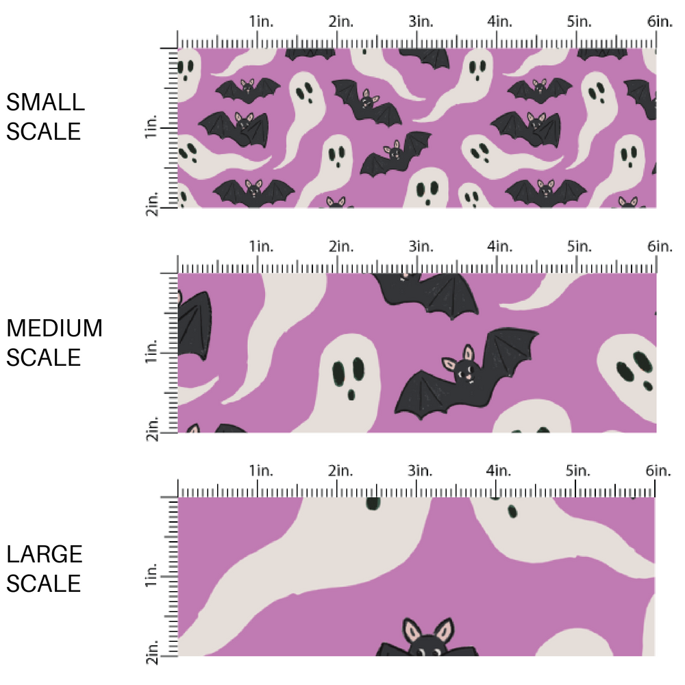 Purple fabric by the yard scaled image guide with ghosts and black flying bats.