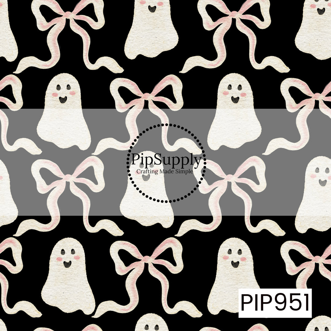 Smiling watercolor ghosts and oversized blush pink bows are scattered across a solid black background, creating a charming seamless Halloween pattern with a mix of spooky and sweet.
