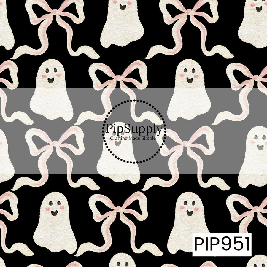 Smiling watercolor ghosts and oversized blush pink bows are scattered across a solid black background, creating a charming seamless Halloween pattern with a mix of spooky and sweet.
