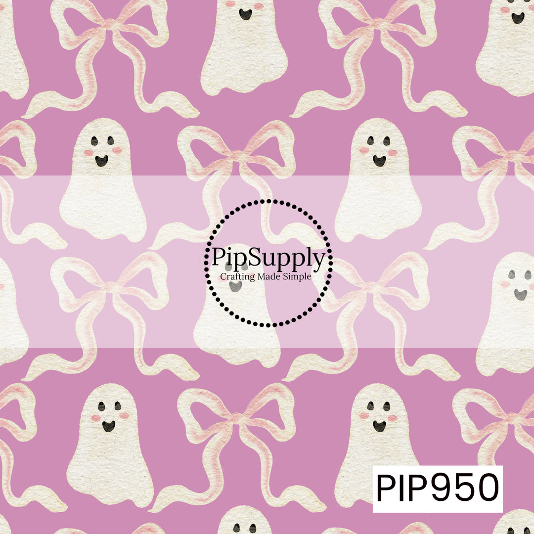 Smiling watercolor ghosts and oversized blush pink bows are scattered across a soft purple background, creating a whimsical seamless pattern with a sweet, feminine take on classic Halloween.
