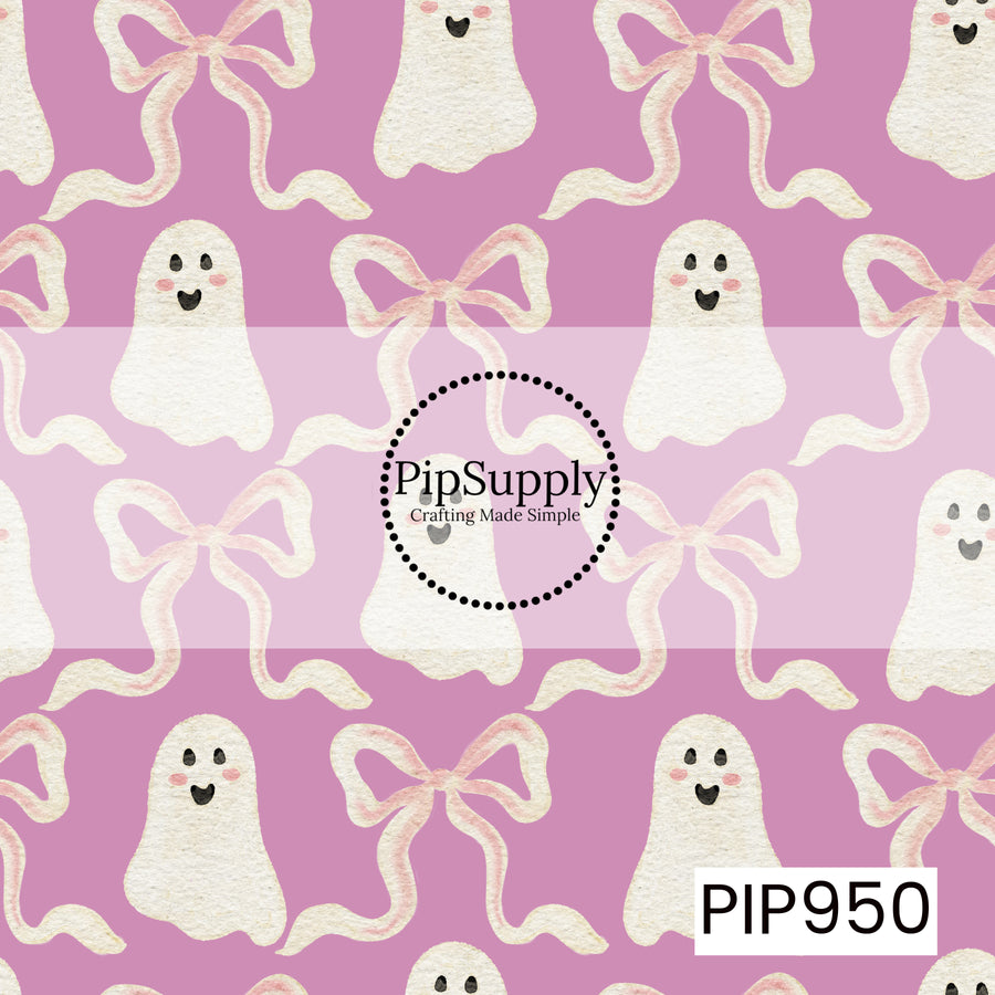 Smiling watercolor ghosts and oversized blush pink bows are scattered across a soft purple background, creating a whimsical seamless pattern with a sweet, feminine take on classic Halloween.
