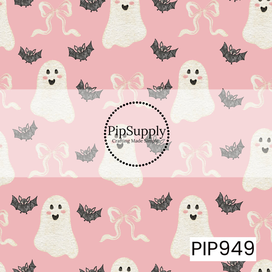 Cute watercolor ghosts with smiling faces, black bats, and delicate pink bows scattered across a soft pink background, creating a sweet and whimsical Halloween seamless pattern.
